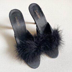Vintage Fredric's Of Hollywood Black Satin Feather Accent  Bedroom Heels 9